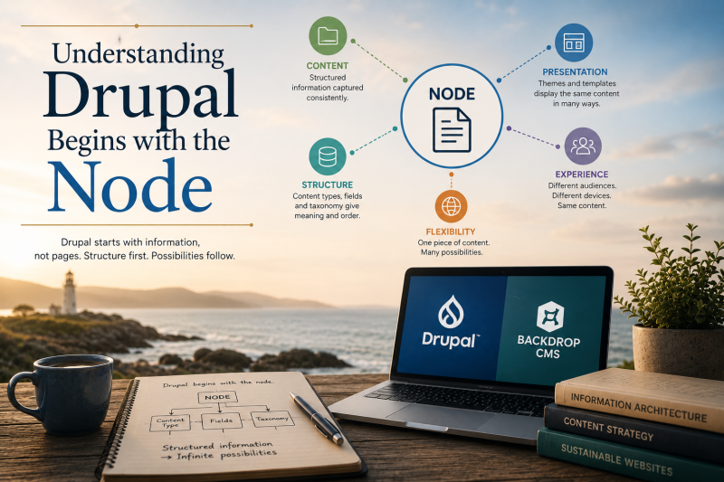 A conceptual hero image titled "Understanding Drupal Begins with the Node", showing a central node connected to content, structure, presentation, flexibility and user experience, alongside a calm coastal workspace with a laptop displaying Drupal and Backdrop CMS.