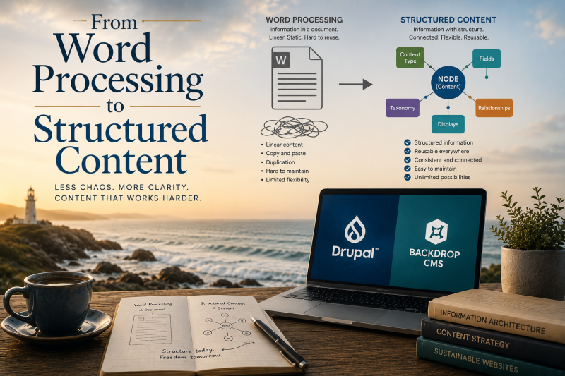 A coastal workspace at sunrise introduces the essay "From Word Processing to Structured Content", contrasting a traditional document with a structured content model centred on a Drupal/Backdrop CMS node, alongside a laptop, notebook, coffee and architectural reference books.