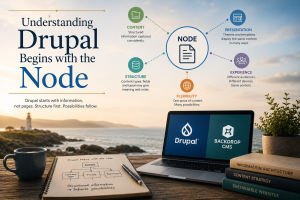 A conceptual hero image titled "Understanding Drupal Begins with the Node", showing a central node connected to content, structure, presentation, flexibility and user experience, alongside a calm coastal workspace with a laptop displaying Drupal and Backdrop CMS.
